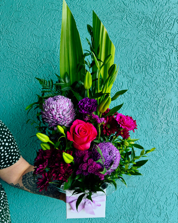 Mother’s Day Box Arrangement- Pink & Purple