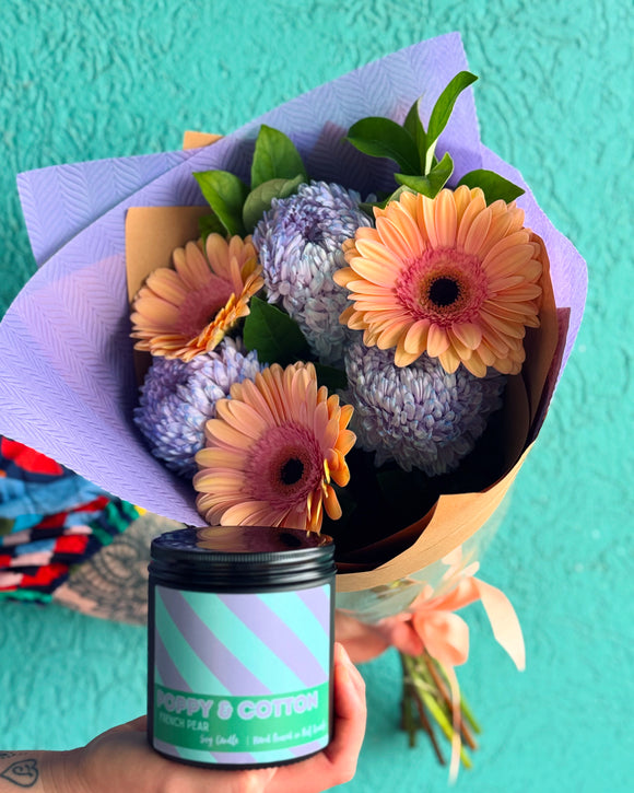 Peachy Keen & Purple Dream Bunch with a Candle