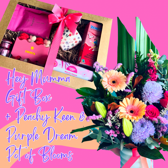 Hey Mumma Gift Box + Peachy Keen & Purple Dream Pot of Blooms