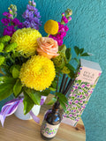 Vase of Blooms with an Ivy & Wood Diffuser- Colour Pop