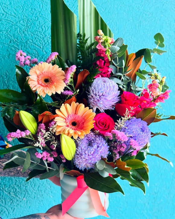 Mother’s Day Ceramic Pot Arrangement- Peachy Keen & Purple Dream