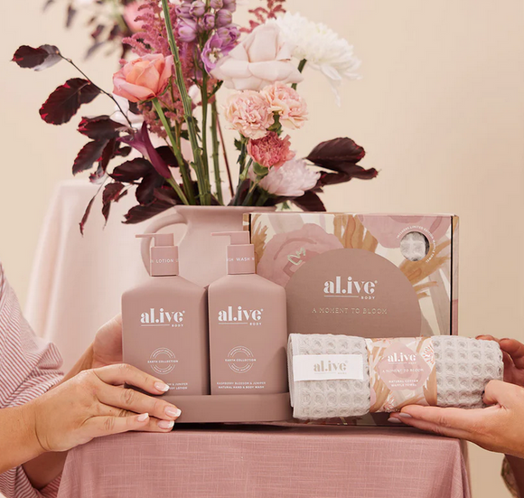 Al.ive Body Wash & Lotion Duo + Waffle Towel Gift Set - Raspberry Blossom & Juniper