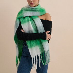 Green & White Checkered Fluffy Scarf