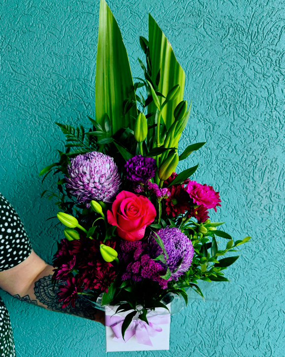 Box Arrangement of Blooms- Pink & Purple