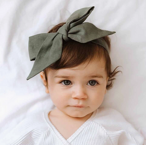 Snuggle Hunny Olive Pre-Tied Linen Bow - Baby & Toddler