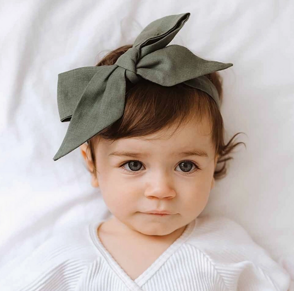 Snuggle Hunny Olive Pre-Tied Linen Bow - Baby & Toddler