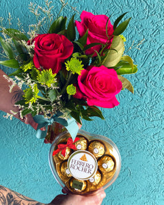 Mini Vase of Valentines Blooms with Chocolates