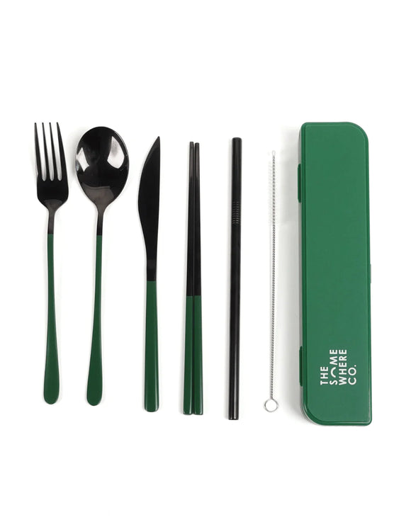 Cutlery Kit - Black with Forest Green Handle - Somewhere Co