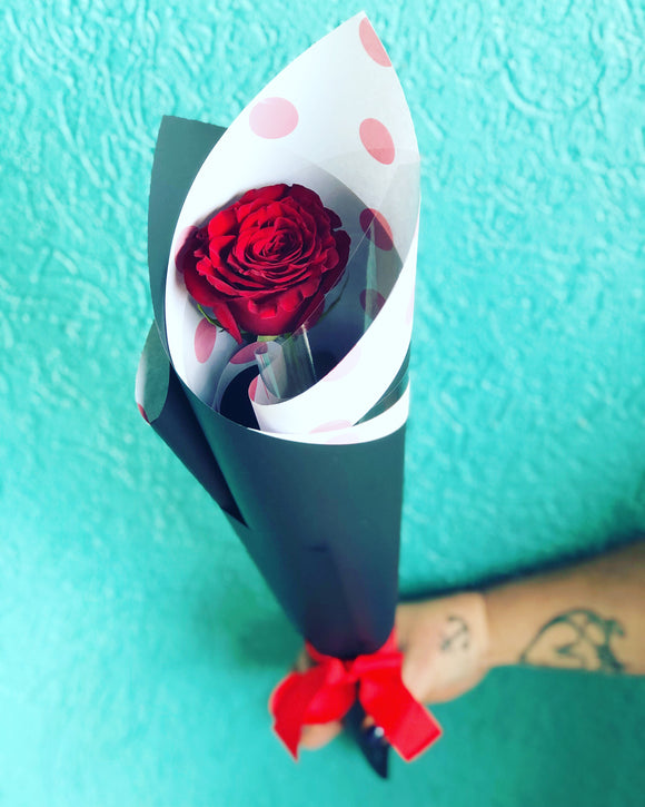 Single Red Heart Rose wrapped in deluxe paper